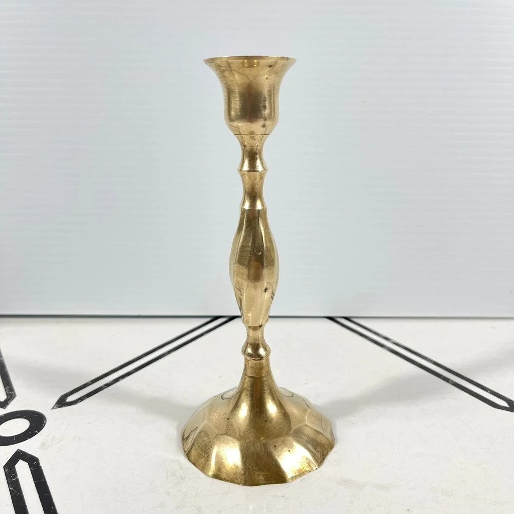 Vintage Solid Brass Candlestick Holder Handmade in India Scalloped Base 6.5 Inch